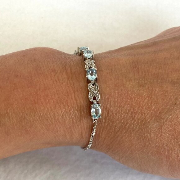 Sterling Silver 925 FAS Oval Blue Topaz XO Bolo Style Box Chain Tennis Bracelet - Picture 11 of 16